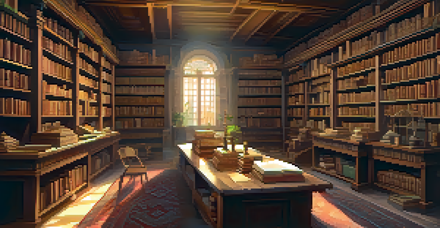 An ancient library with scrolls and texts about entheogenic substances, featuring a researcher studying at a wooden table.