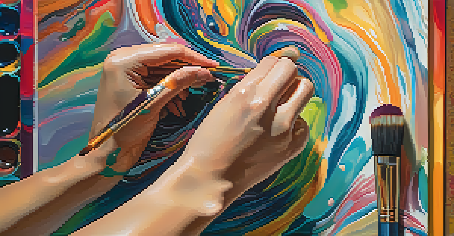 An artist painting colorful abstract patterns on a canvas in a cozy art studio.
