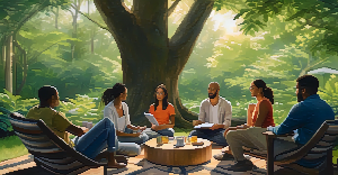A group of diverse professionals in a serene outdoor setting, sitting in a circle on cushions, engaged in discussion with notebooks and herbal teas.