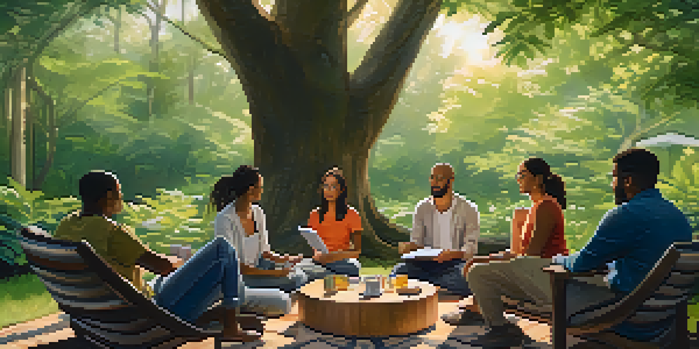 A group of diverse professionals in a serene outdoor setting, sitting in a circle on cushions, engaged in discussion with notebooks and herbal teas.