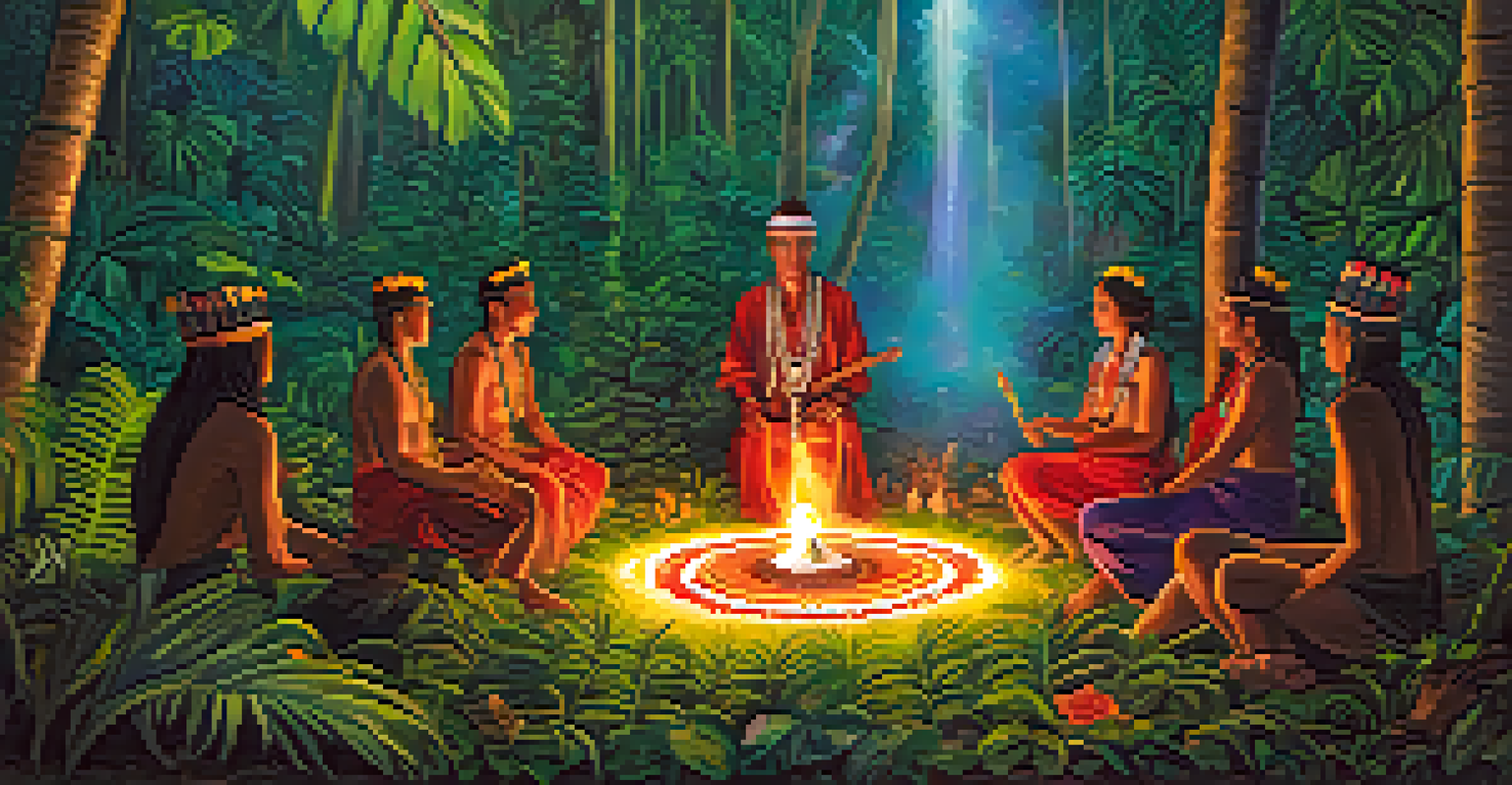 An ayahuasca ceremony in a rainforest with participants and a shaman.