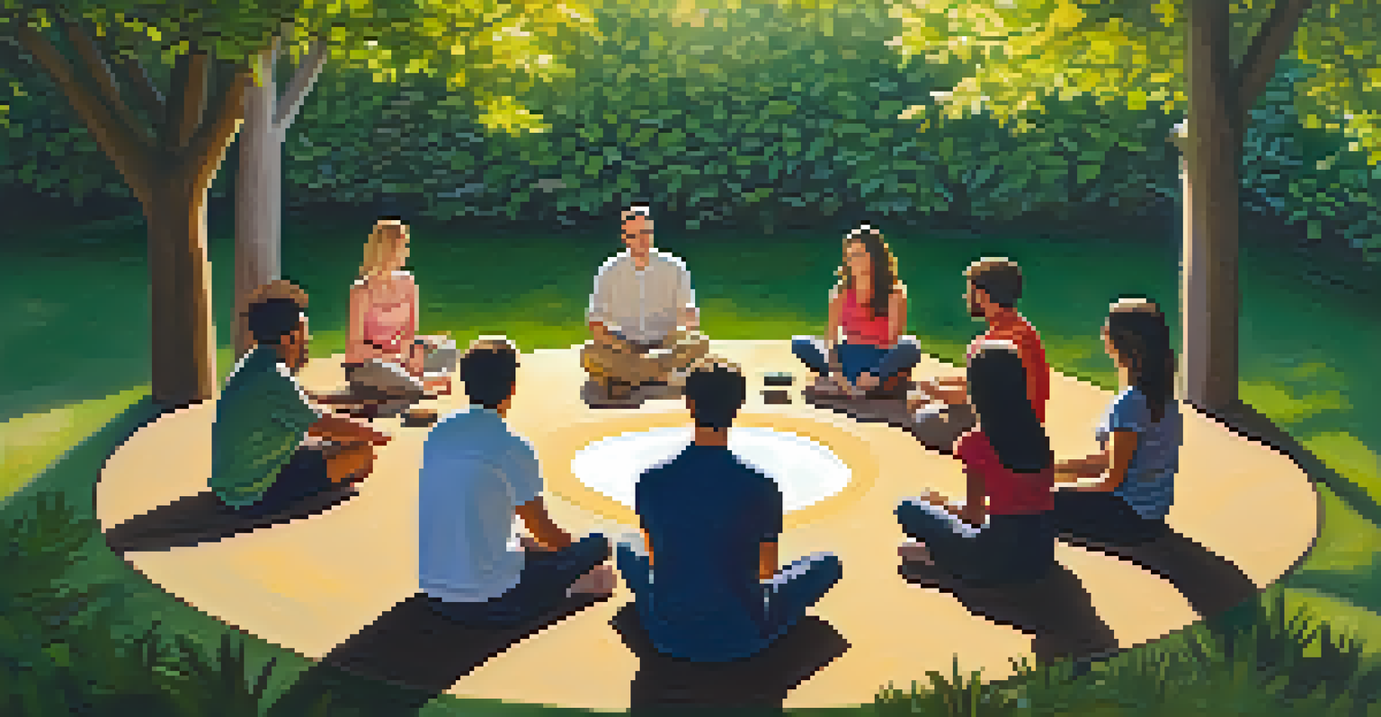 A group engaged in a therapy session outdoors, sitting in a circle under golden sunlight in a lush setting.