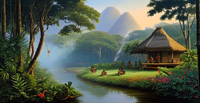 A tranquil Amazon rainforest at dawn, featuring mist, green foliage, an indigenous hut, and people in a traditional ritual.
