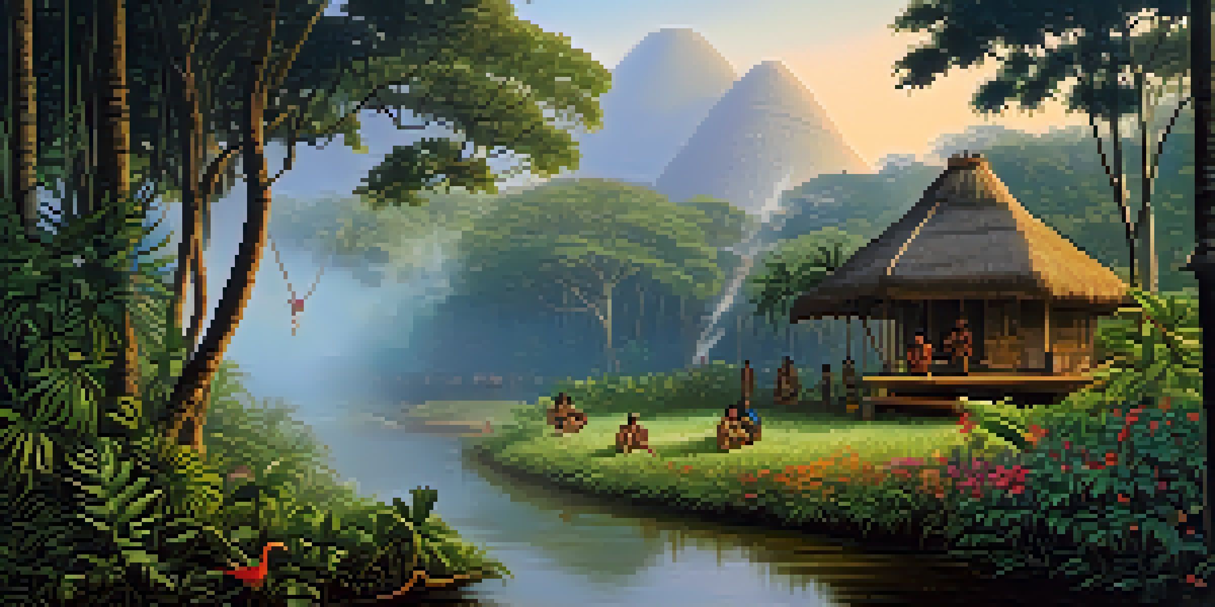 A tranquil Amazon rainforest at dawn, featuring mist, green foliage, an indigenous hut, and people in a traditional ritual.