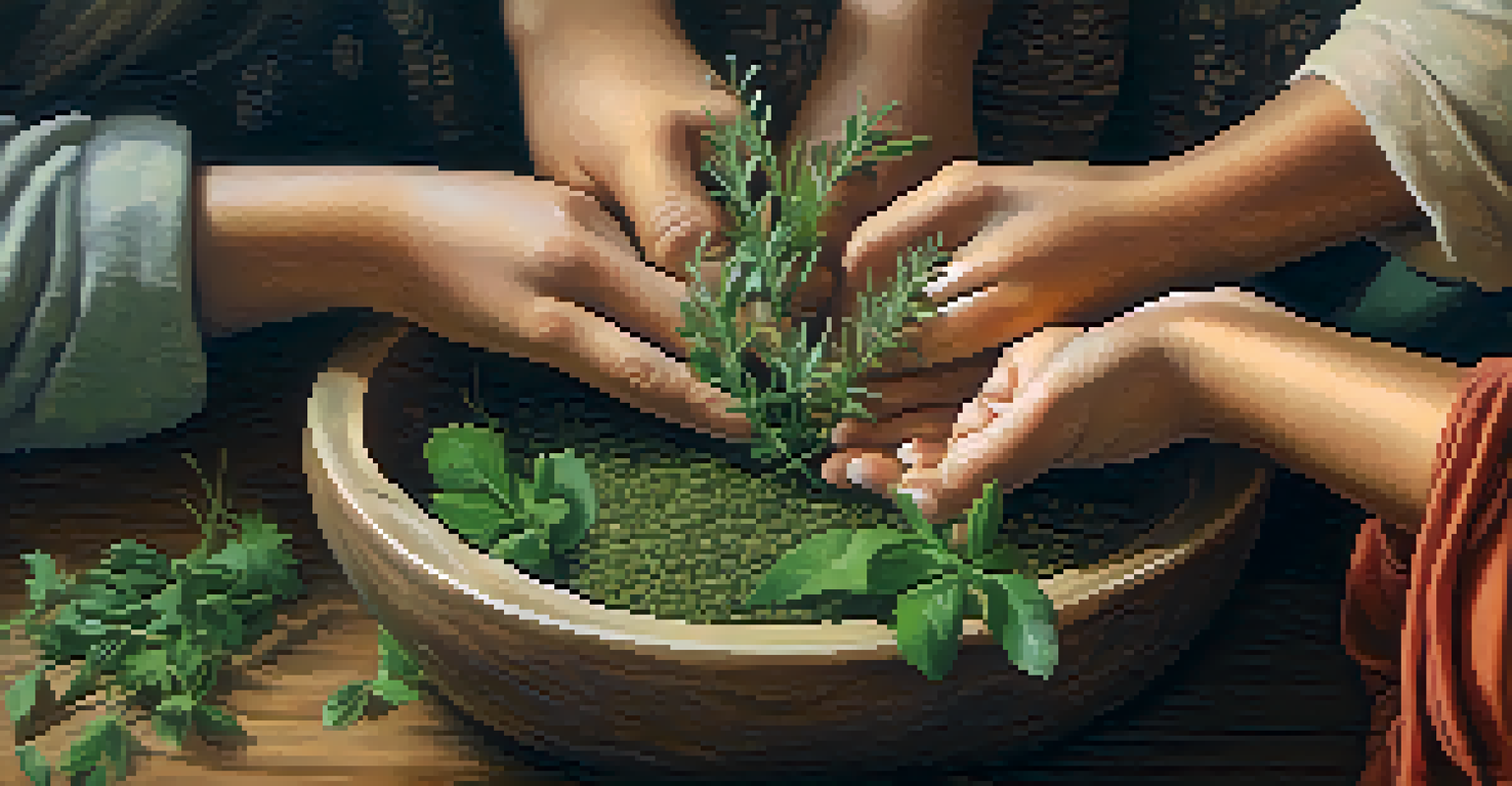 Close-up of hands holding a bowl of herbs, with a soft-focus background of a community gathering, symbolizing healing and unity.
