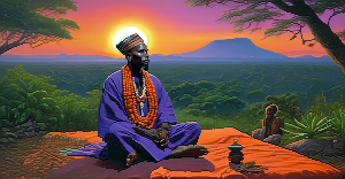 A shaman in traditional attire sitting in a lush African landscape at dusk, surrounded by colorful plants with a sunset sky.
