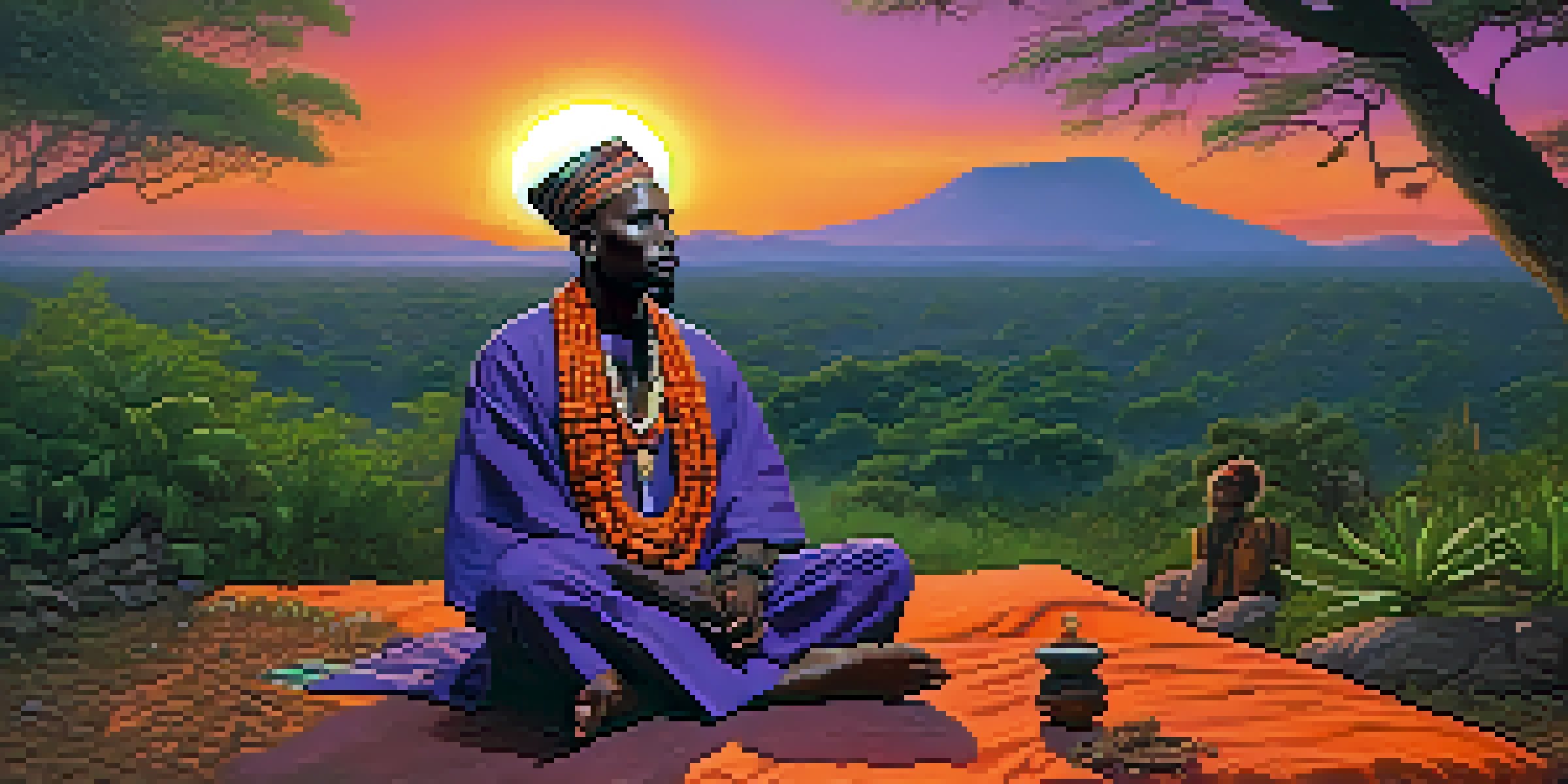 A shaman in traditional attire sitting in a lush African landscape at dusk, surrounded by colorful plants with a sunset sky.