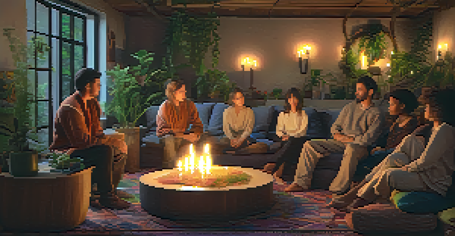 A cozy room with individuals sitting in a circle on cushions, sharing reflections, surrounded by plants and candles.