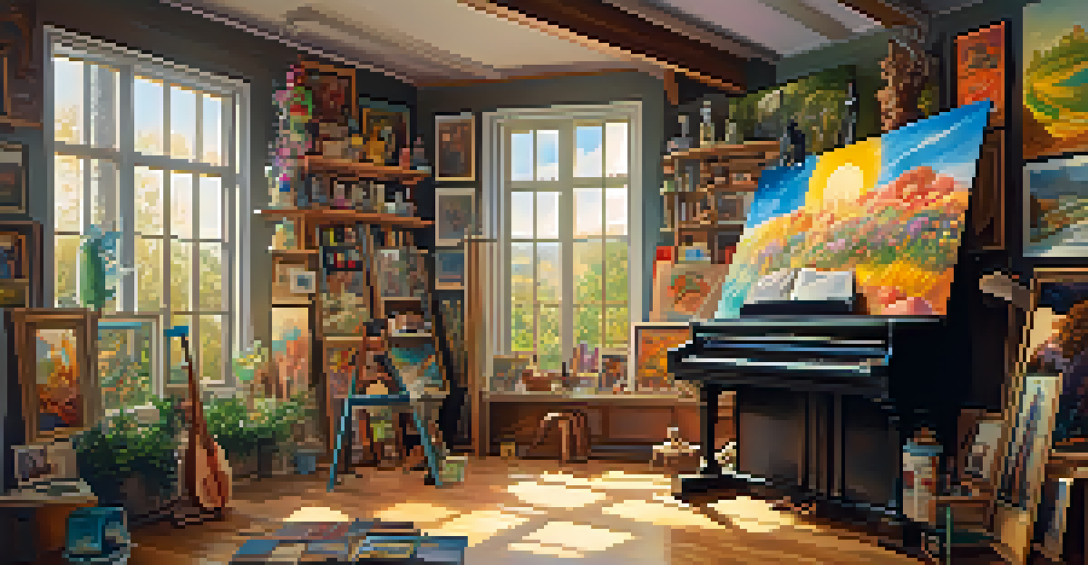 An artist's studio with colorful surreal paintings, sunlight streaming through a large window, and scattered brushes and canvases.