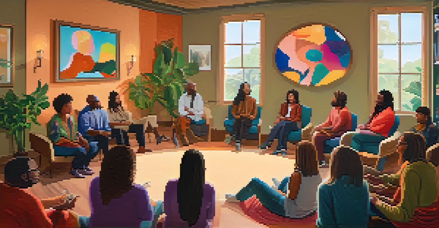 A diverse group of people in a cozy room discussing entheogenic therapies, surrounded by colorful artwork and plants.