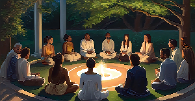 A diverse group of people gathered in a circle for a twilight ritual, surrounded by nature with soft lighting.