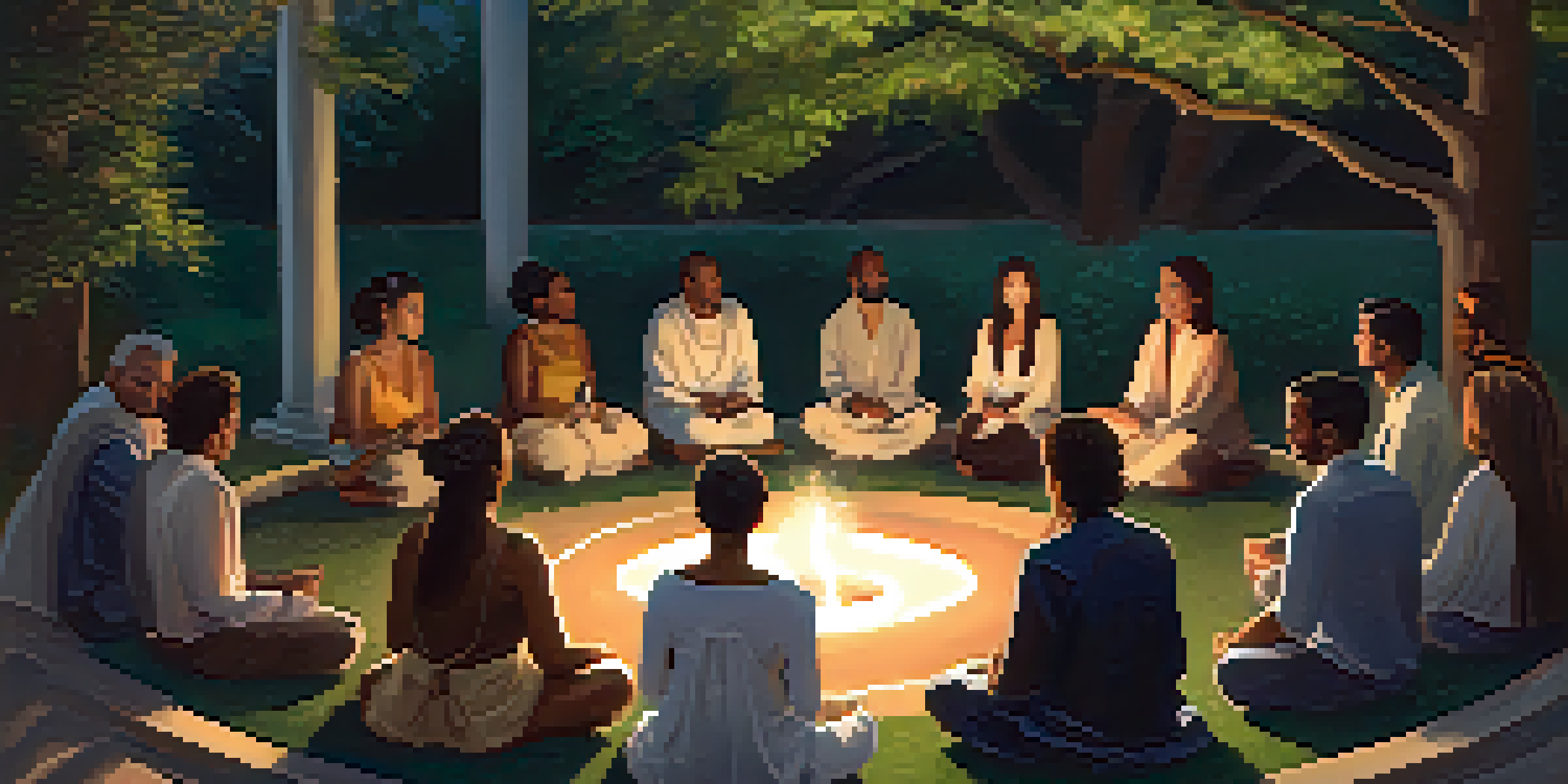 A diverse group of people gathered in a circle for a twilight ritual, surrounded by nature with soft lighting.