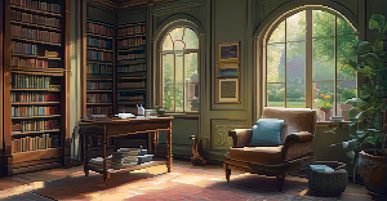A cozy room with a view of a garden, featuring warm wooden furniture and a cup of tea on a table.