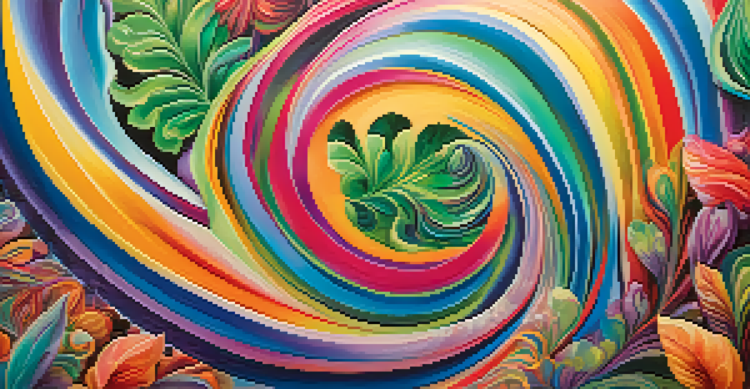 An abstract garden with swirling colors and shapes resembling leaves and petals.