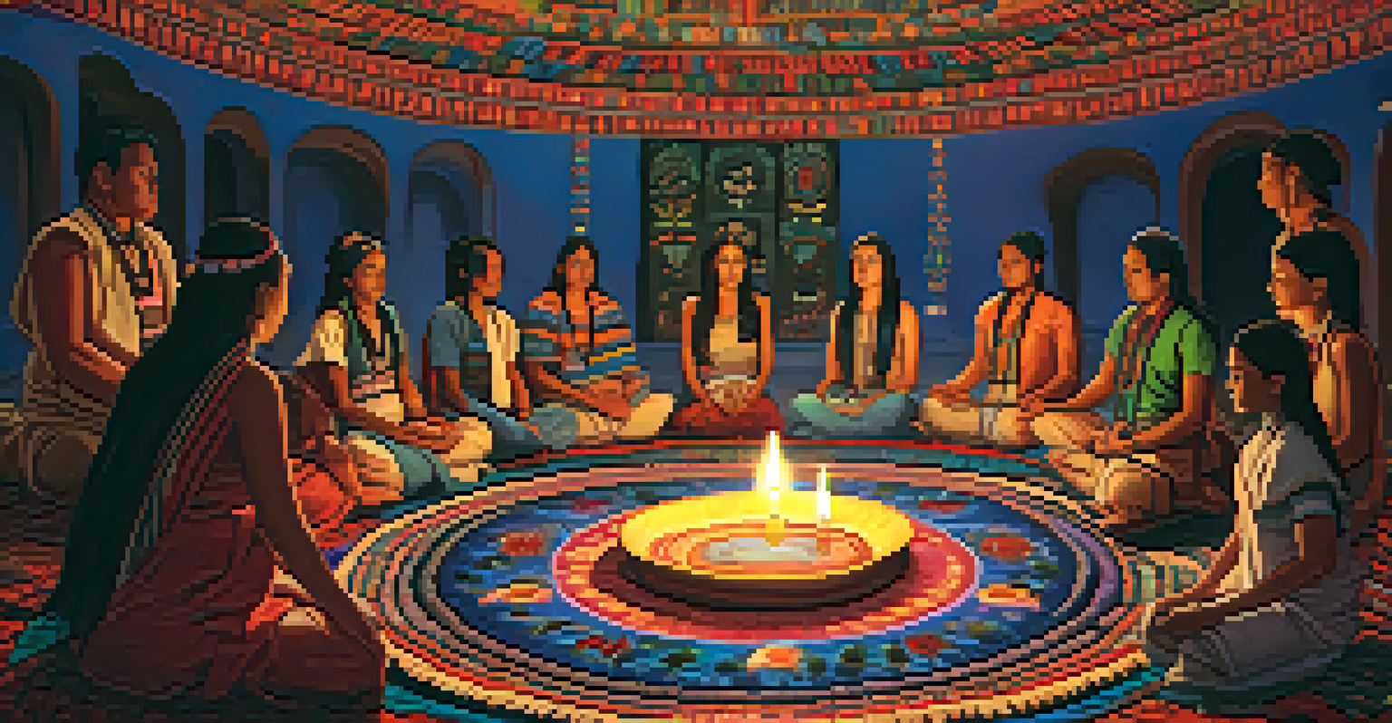 A healing ceremony scene with individuals in traditional attire seated in a circle, centered around an altar with flowers and mushrooms, illuminated by candlelight.