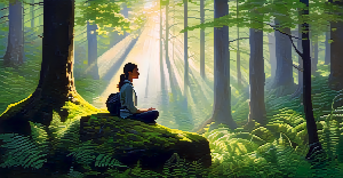 A peaceful forest with golden sunlight filtering through trees, a person meditating on a moss-covered rock surrounded by ferns and wildflowers.