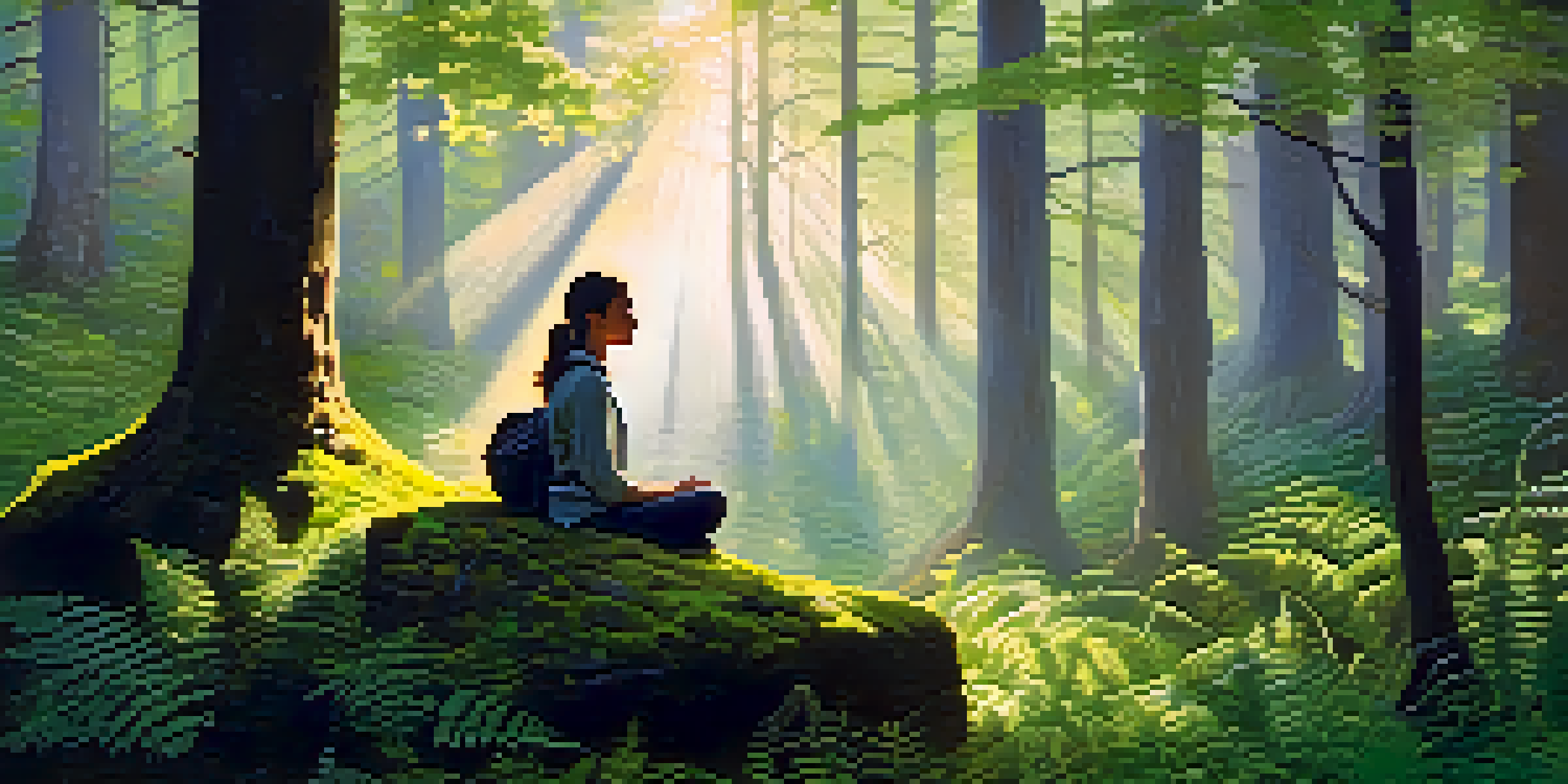 A peaceful forest with golden sunlight filtering through trees, a person meditating on a moss-covered rock surrounded by ferns and wildflowers.