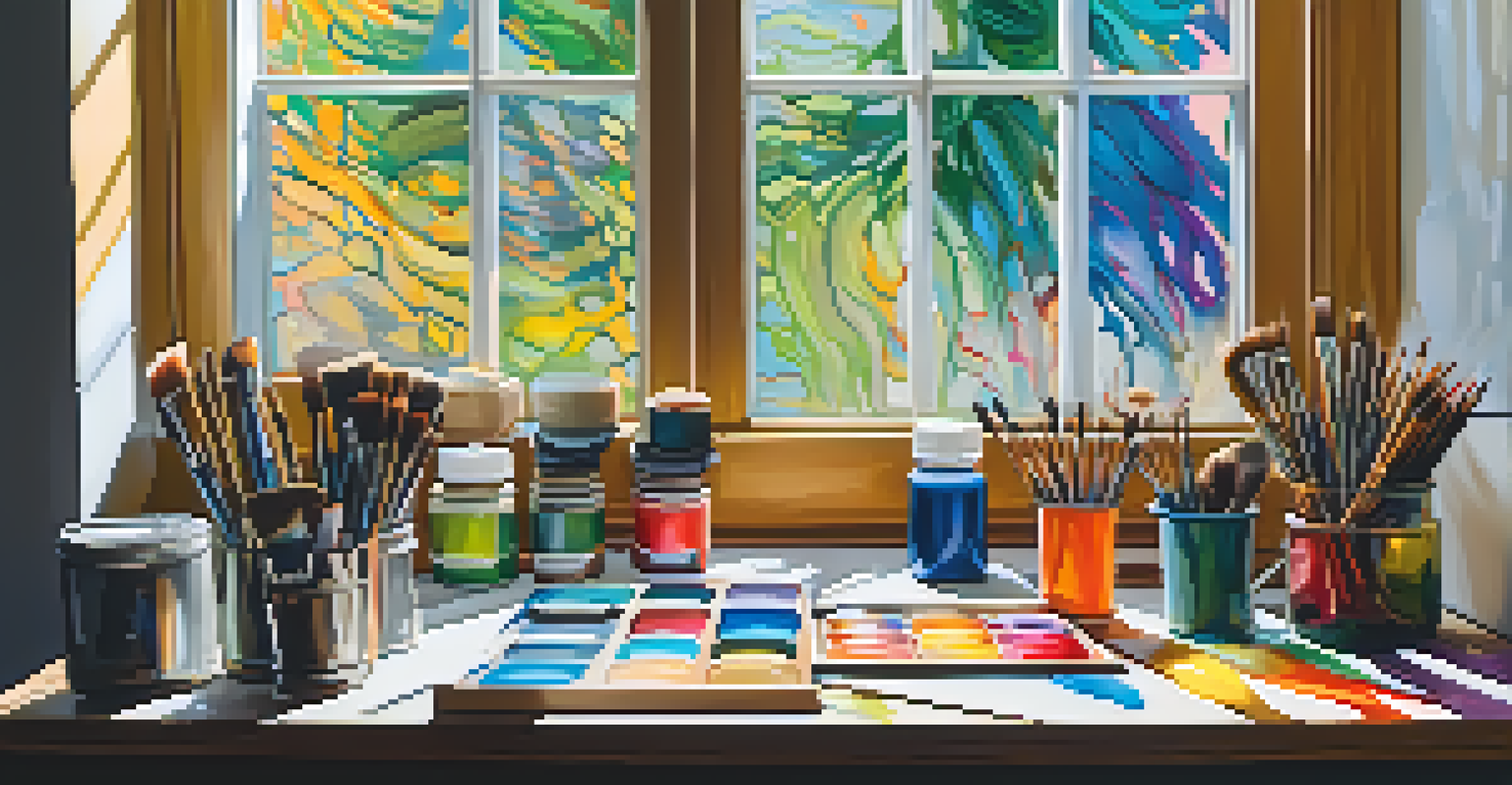 An artist's workspace with colorful paints, brushes, and an abstract canvas illuminated by natural light.