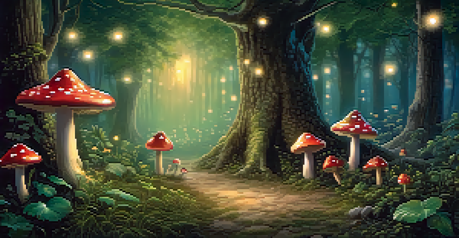 A magical forest clearing with a toadstool as a fairy seat, surrounded by fireflies and bathed in moonlight.
