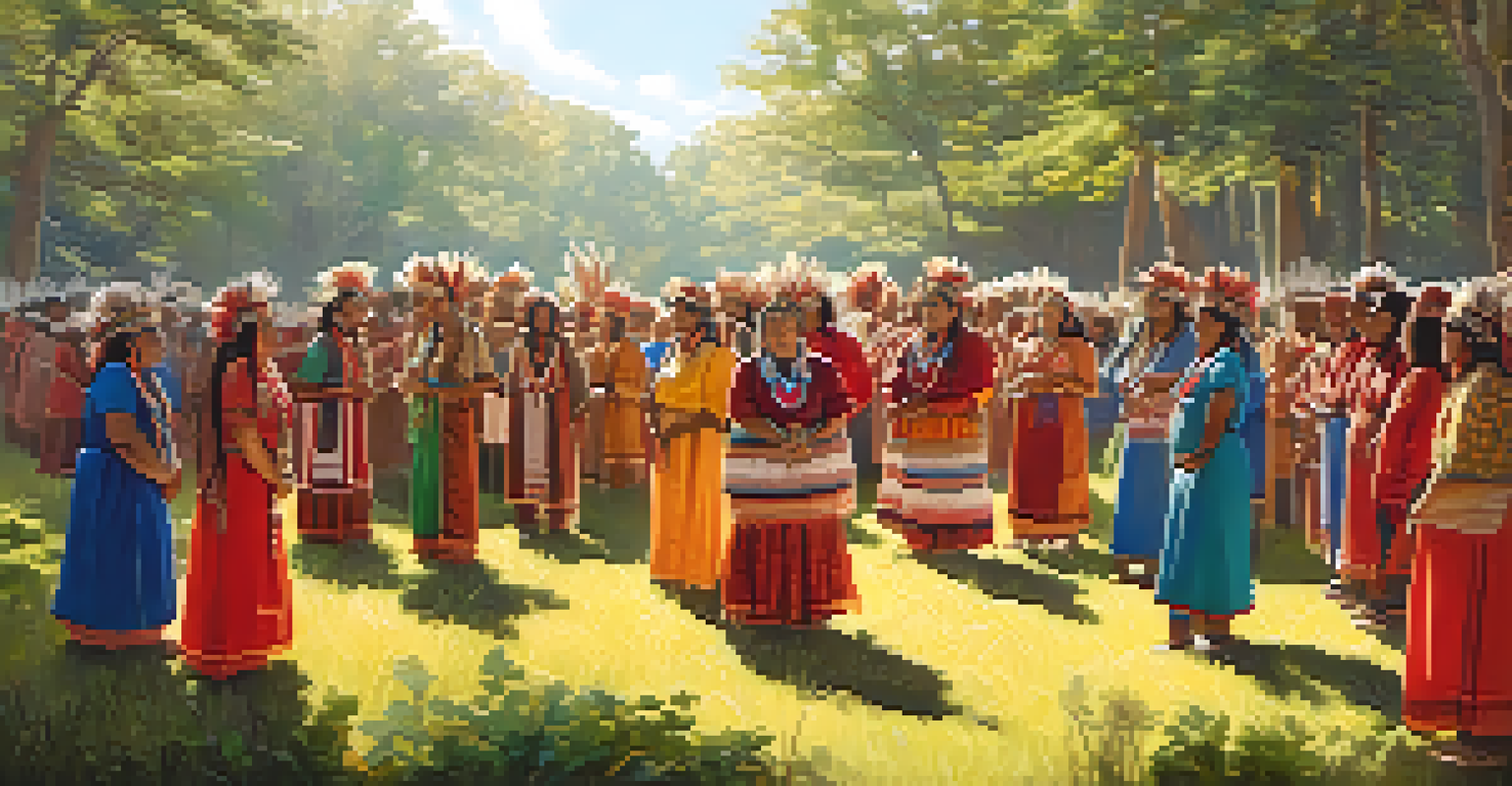 Indigenous community members participating in a joyful traditional ceremony in a sunlit clearing.