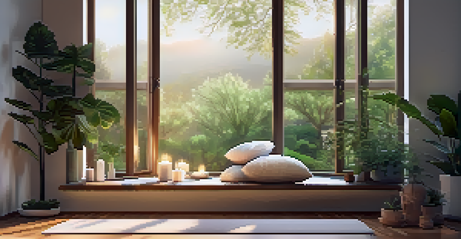 A calming meditation space with soft lighting, a cushion on a wooden floor, candles, plants, and a view of a peaceful garden.