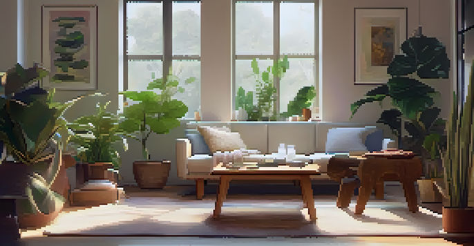 A cozy therapy room with soft lighting, indoor plants, and a record player playing classical music, creating a peaceful atmosphere.