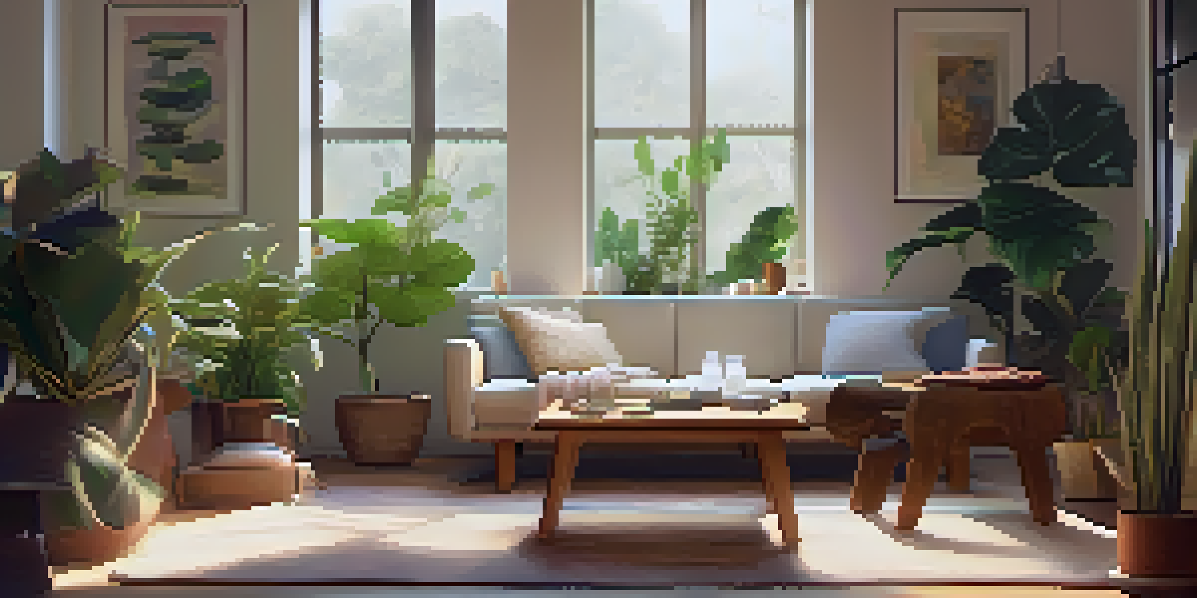 A cozy therapy room with soft lighting, indoor plants, and a record player playing classical music, creating a peaceful atmosphere.