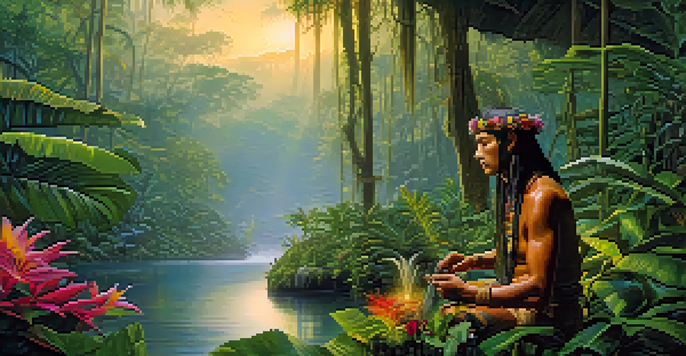 A peaceful scene in the Amazon rainforest with a shaman preparing ayahuasca, surrounded by lush greenery and soft golden light.