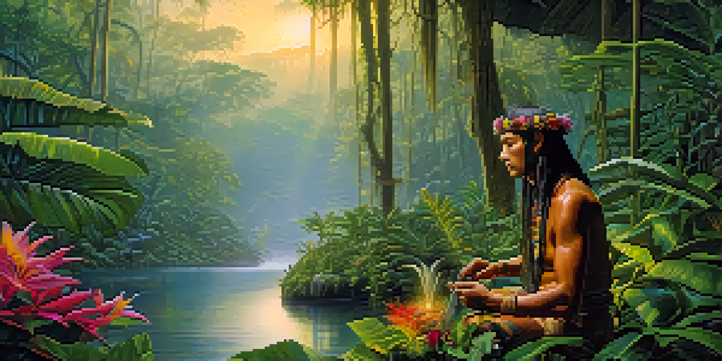 A peaceful scene in the Amazon rainforest with a shaman preparing ayahuasca, surrounded by lush greenery and soft golden light.
