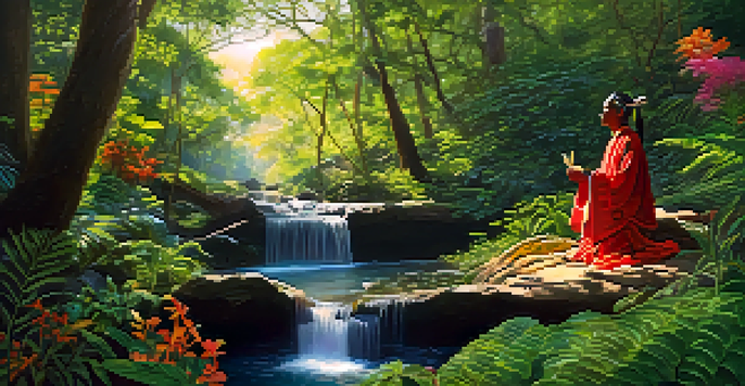 A shaman performing a ritual in a lush forest, wearing traditional attire, with sunlight filtering through the trees.