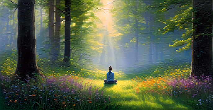 A person meditating in a misty forest clearing filled with wildflowers, with sunlight filtering through the trees.