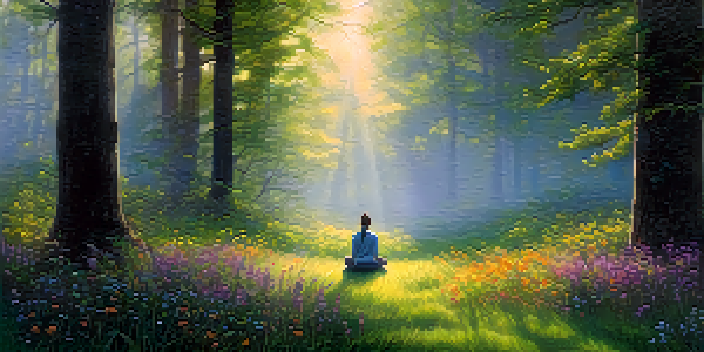 A person meditating in a misty forest clearing filled with wildflowers, with sunlight filtering through the trees.