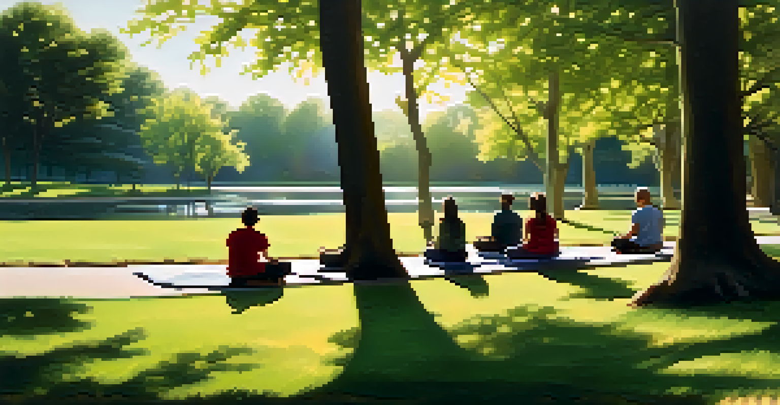 Individuals practicing mindfulness and meditation in a tranquil park surrounded by nature.