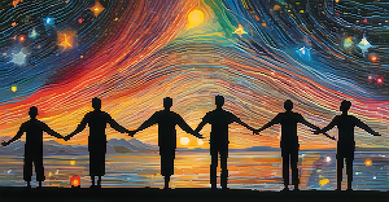 An abstract image of human silhouettes connected by glowing lines against a starry background.