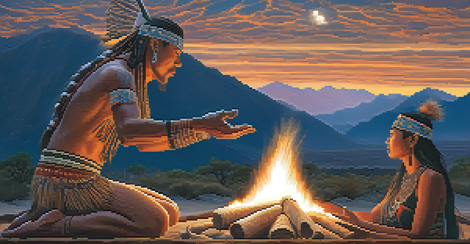 A male and female shaman perform a ritual around a fire at dusk, surrounded by a mystical landscape with mountains and a starry sky.