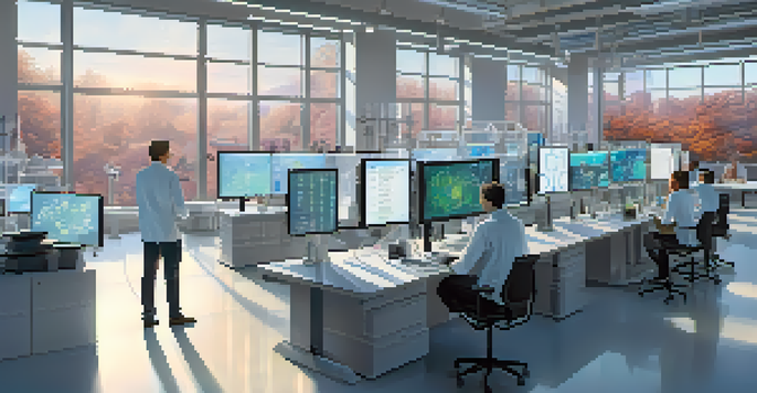 A modern laboratory with researchers analyzing data using AI technology, surrounded by large screens and holographic projections.
