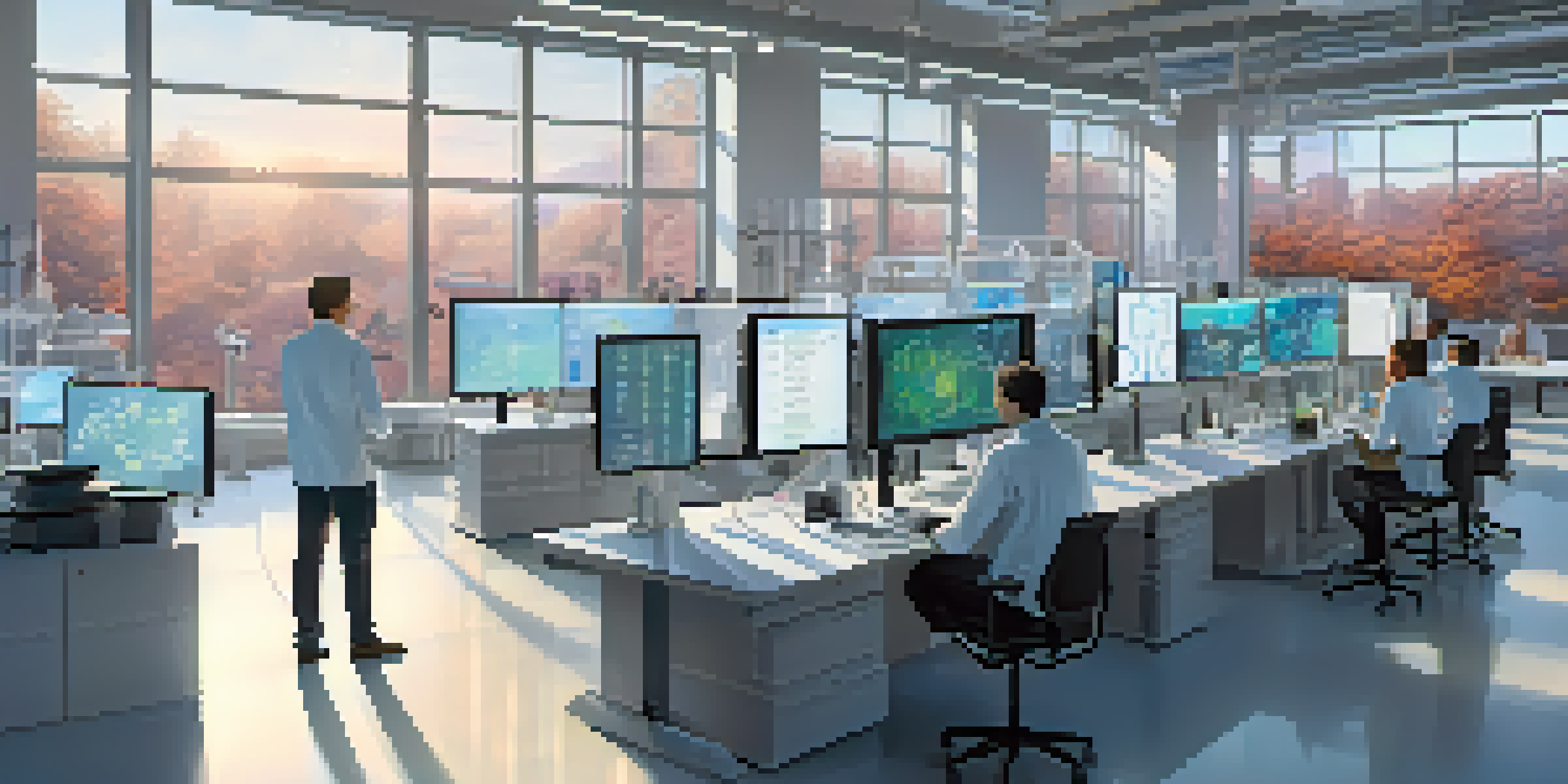 A modern laboratory with researchers analyzing data using AI technology, surrounded by large screens and holographic projections.