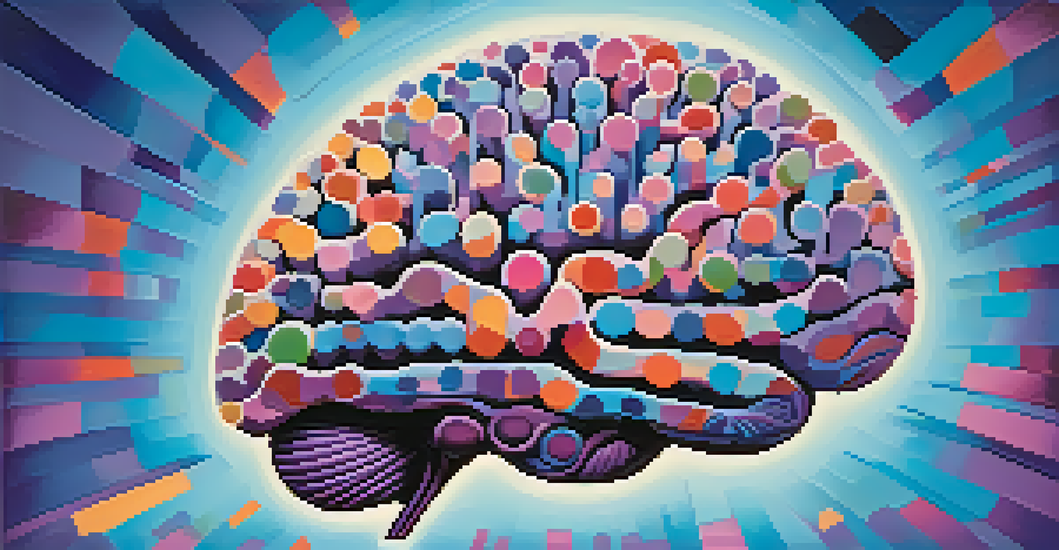 An abstract colorful brain made of intertwining shapes, representing cognitive flexibility, against a gradient background of blues and purples.