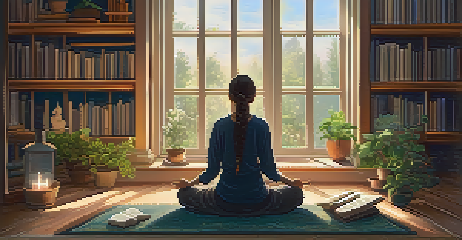 A cozy meditation room with a person meditating, surrounded by books and plants.