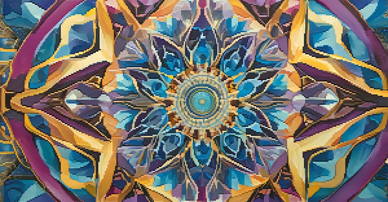 An abstract kaleidoscope with swirling colors and patterns, predominantly in blues, purples, and golds, creating a mesmerizing effect.