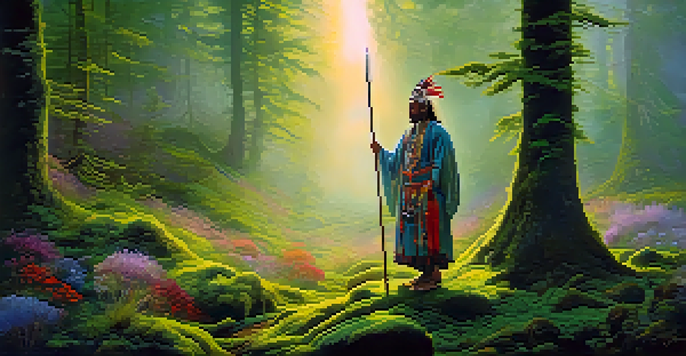 A shaman standing in a misty forest at dawn, surrounded by trees and wildflowers, holding a ceremonial staff.