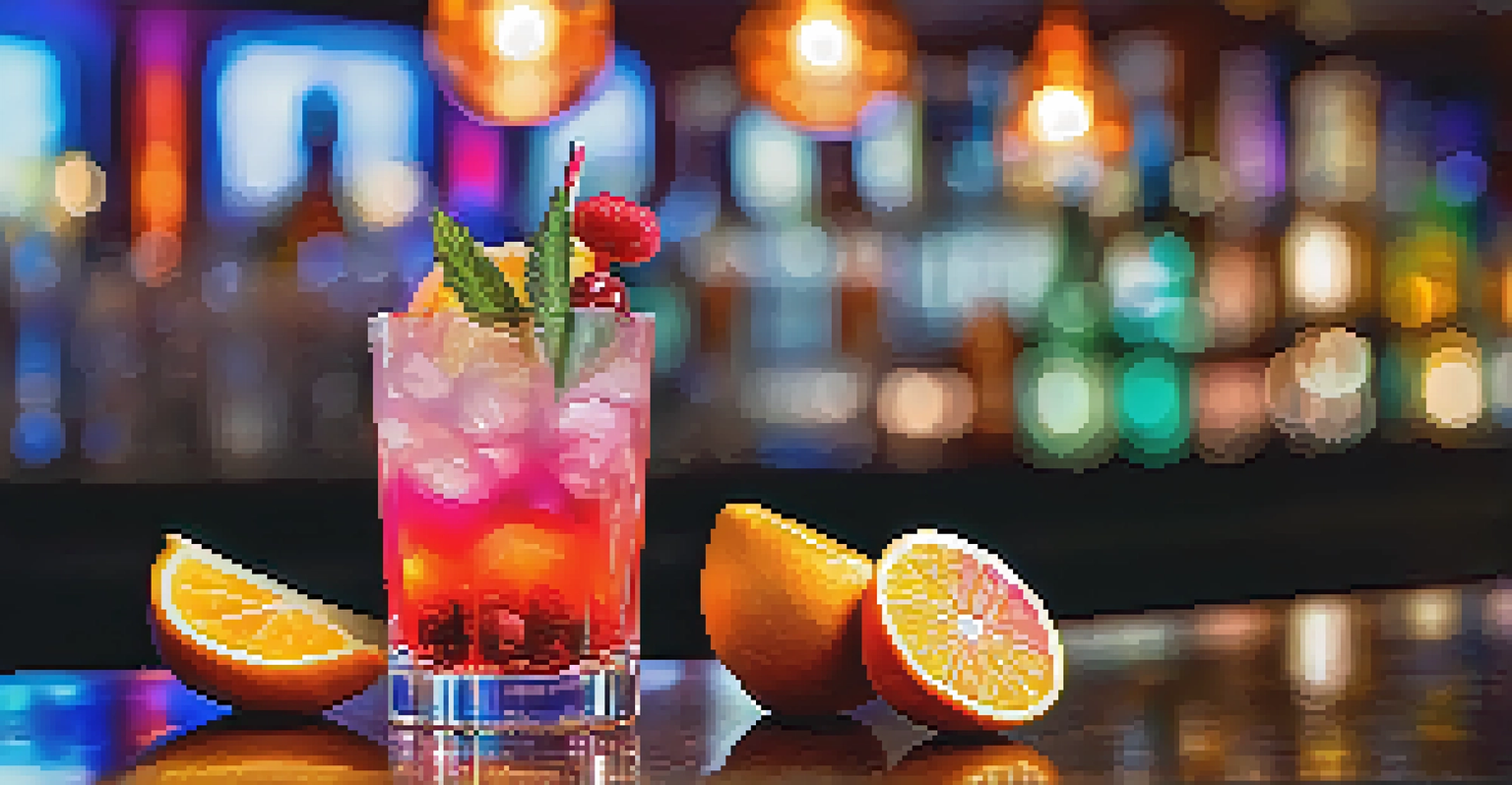 A close-up of a colorful cocktail in a glass with exotic fruits, illuminated by soft lights in a bar.
