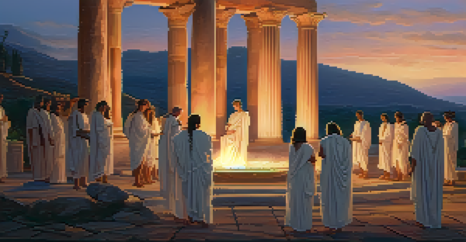 Participants in white robes gathered around a ceremonial bowl in an ancient Greek temple, with warm torchlight illuminating the scene.