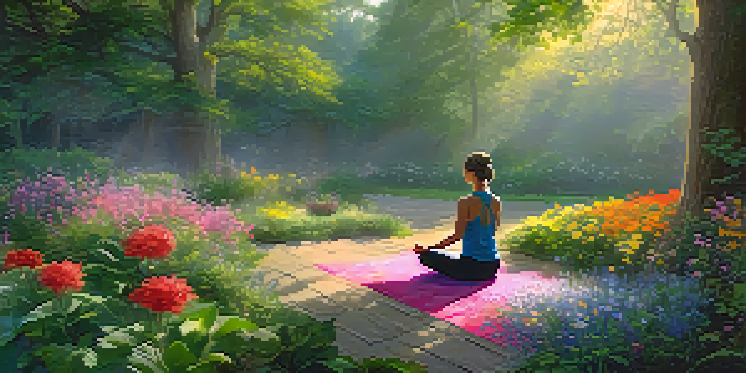 A person meditating in a colorful garden at sunrise, with mist and sunlight creating a peaceful atmosphere.