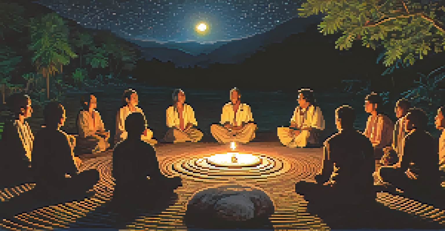 A group of people participating in an Ayahuasca ceremony at night, with a shaman in the center and candles providing soft light.