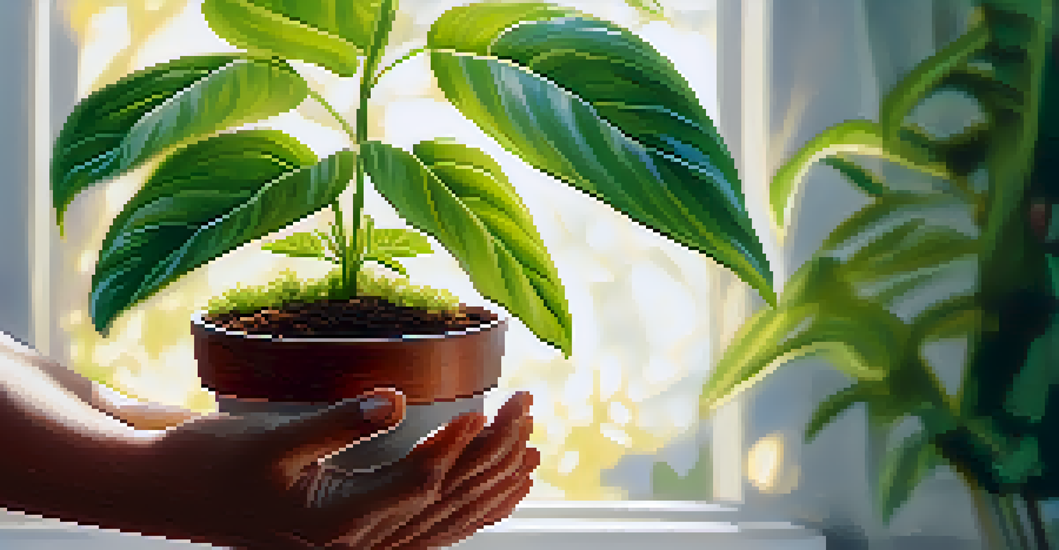 A close-up of hands holding a small potted plant against a blurred background of sunlight and leaves.