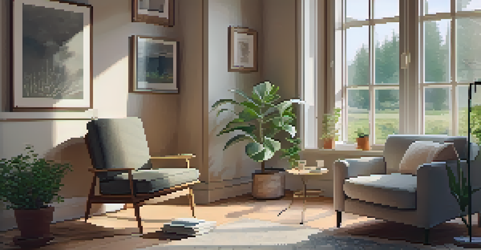 A tranquil indoor space with a cozy armchair, tea, and calming decor.