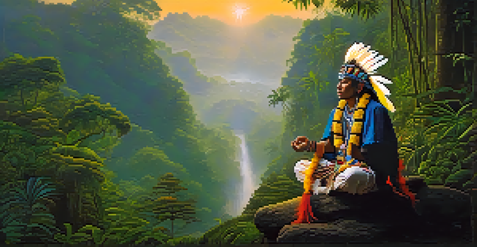 A shaman meditating in an Amazonian rainforest at dawn, surrounded by mist and lush greenery.