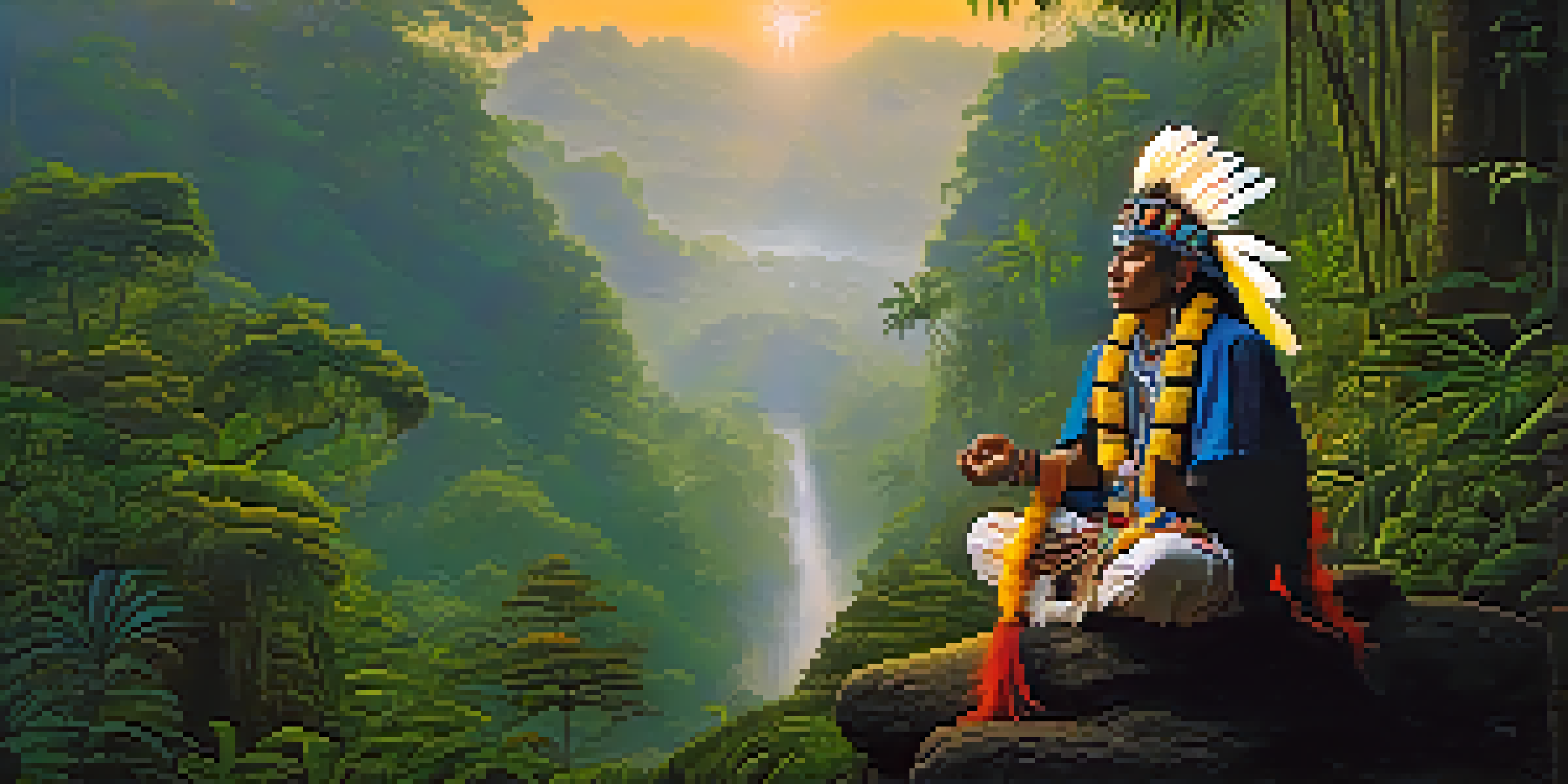 A shaman meditating in an Amazonian rainforest at dawn, surrounded by mist and lush greenery.