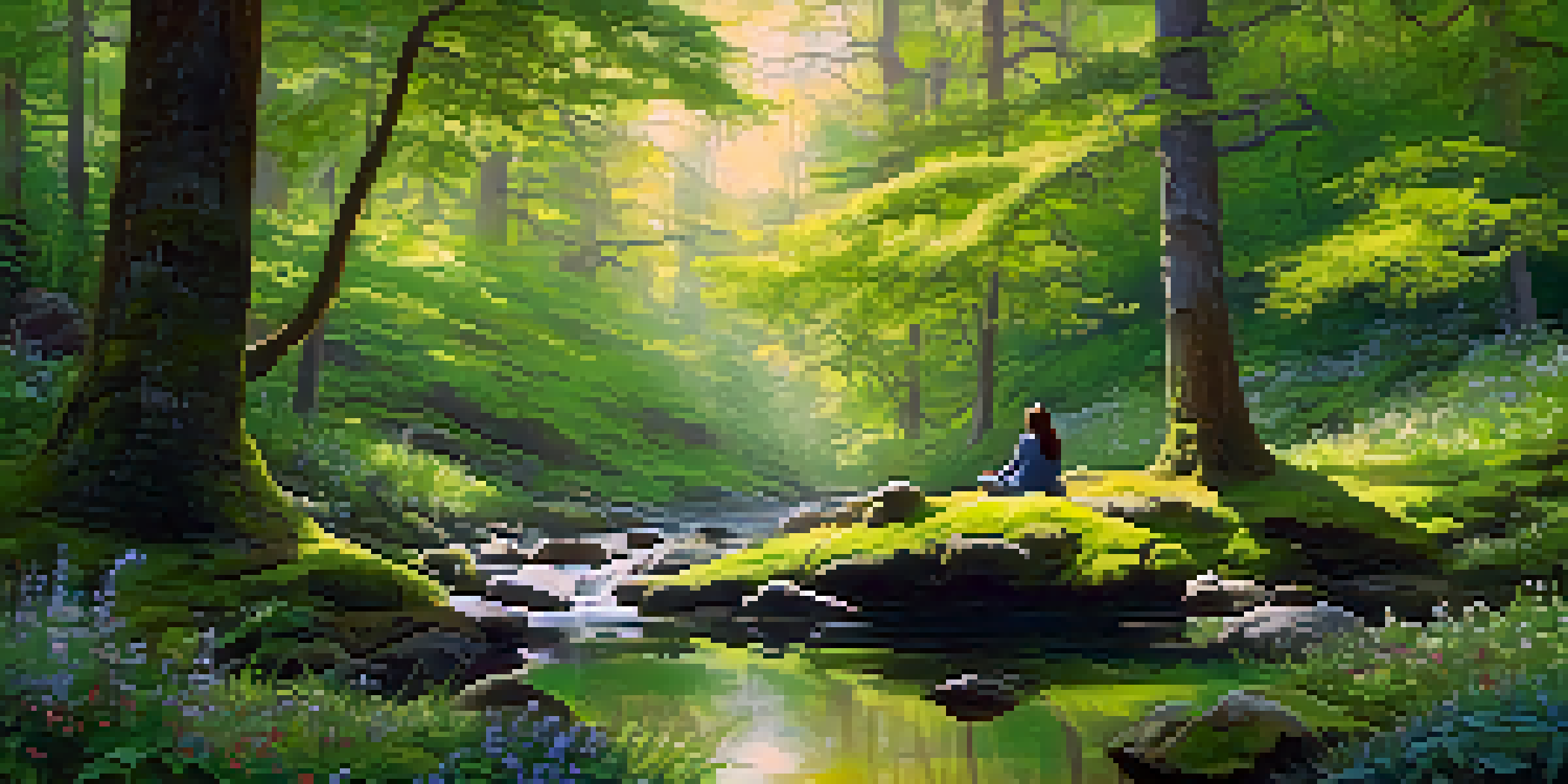 A peaceful forest glade with a person meditating on a rock, surrounded by flowers and a stream.